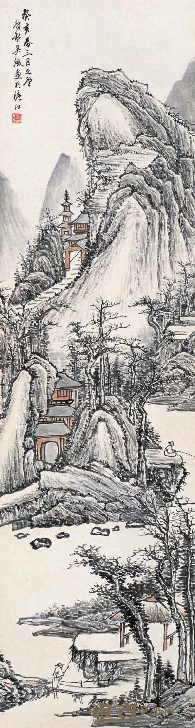 吴徵 癸亥（1923年作） 春山独钓 立轴 104×28cm